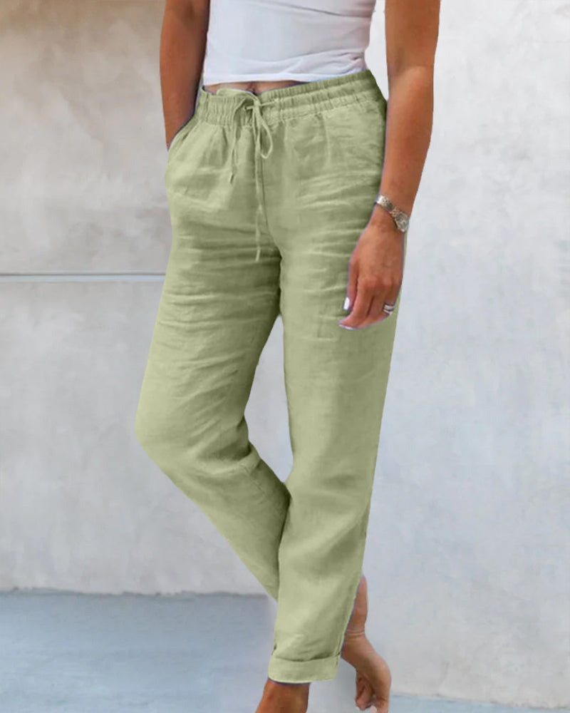 Dames Linnen Broek Hoge Taille Losse Pasvorm Elastisch & Comfortabel