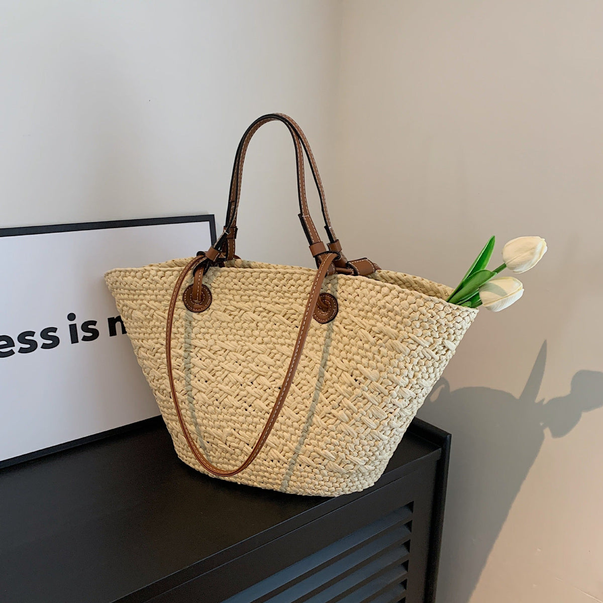 Strandtas van Stro - Geweven Shopper met Schouderband