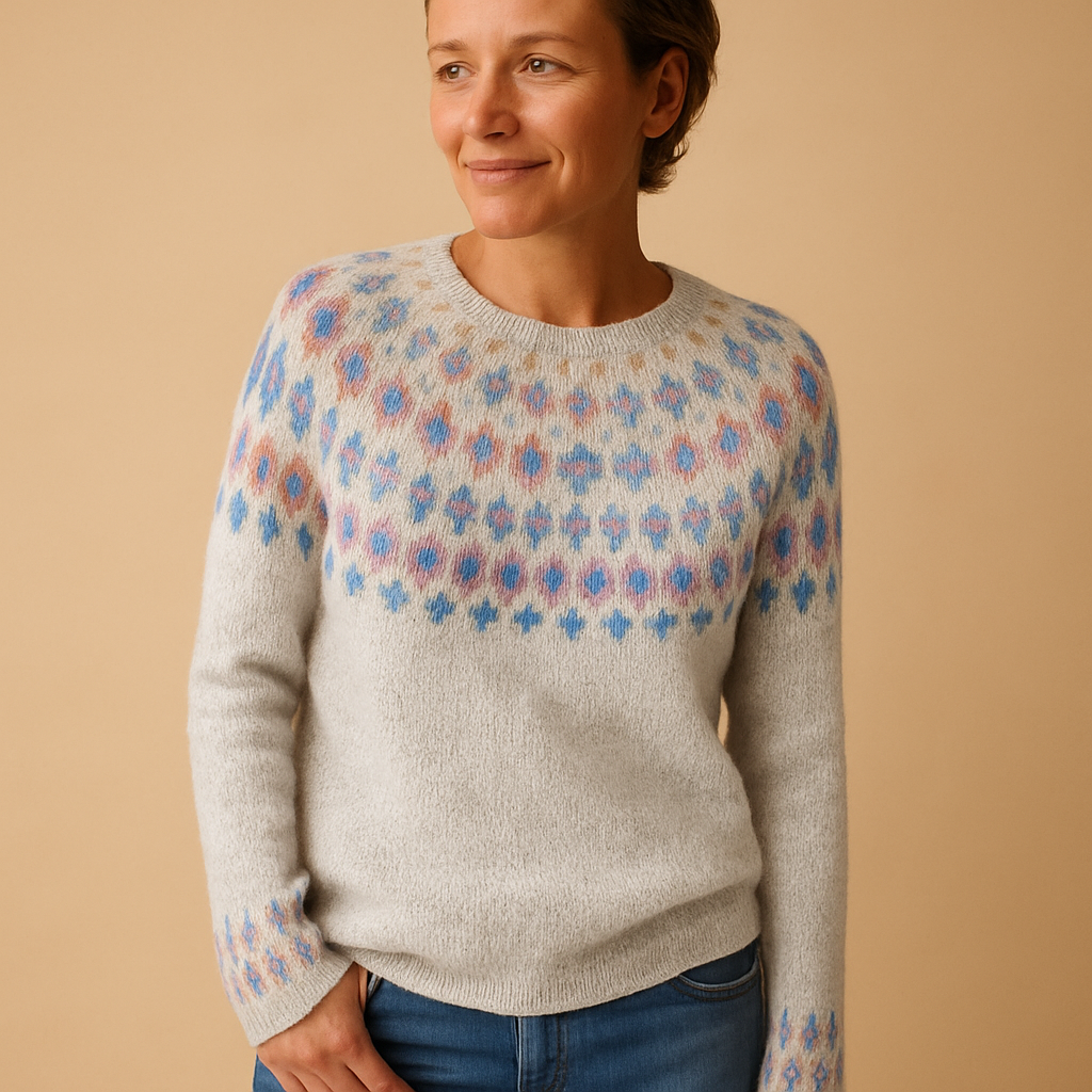 Dames Noorse Trui met Fair Isle Motief - Wolmix Gebreid, Ronde Hals
