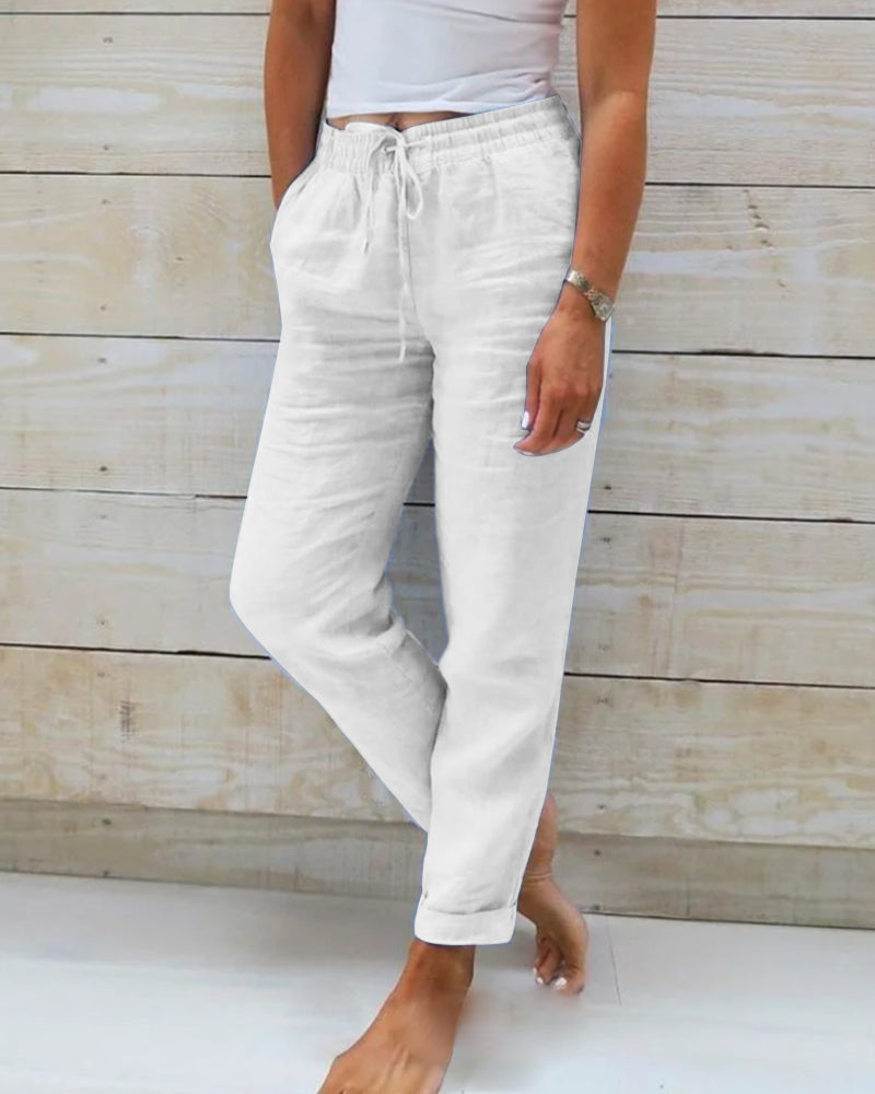 Dames Linnen Broek Hoge Taille Losse Pasvorm Elastisch & Comfortabel