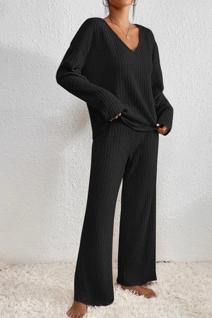 Dames Loungewear Set Ribgebreid – Comfortabele Top Met V-Hals & Wijde Broek