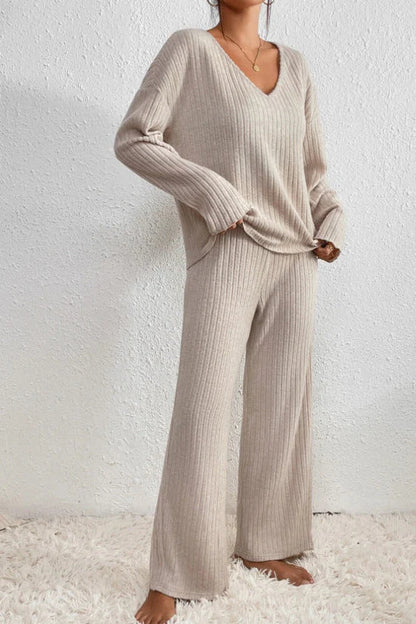 Dames Loungewear Set Ribgebreid – Comfortabele Top Met V-Hals & Wijde Broek