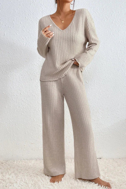 Dames Loungewear Set Ribgebreid – Comfortabele Top Met V-Hals & Wijde Broek