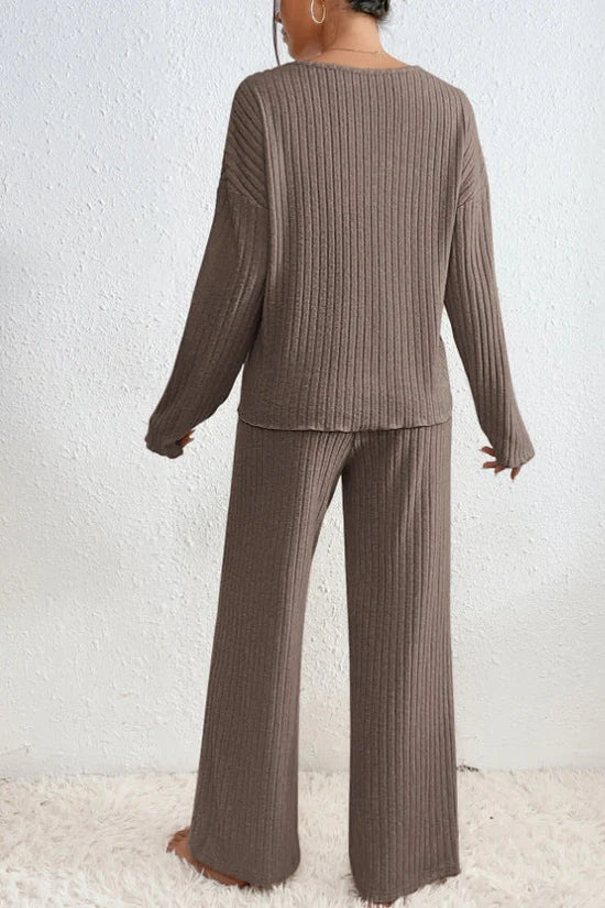 Dames Loungewear Set Ribgebreid – Comfortabele Top Met V-Hals & Wijde Broek