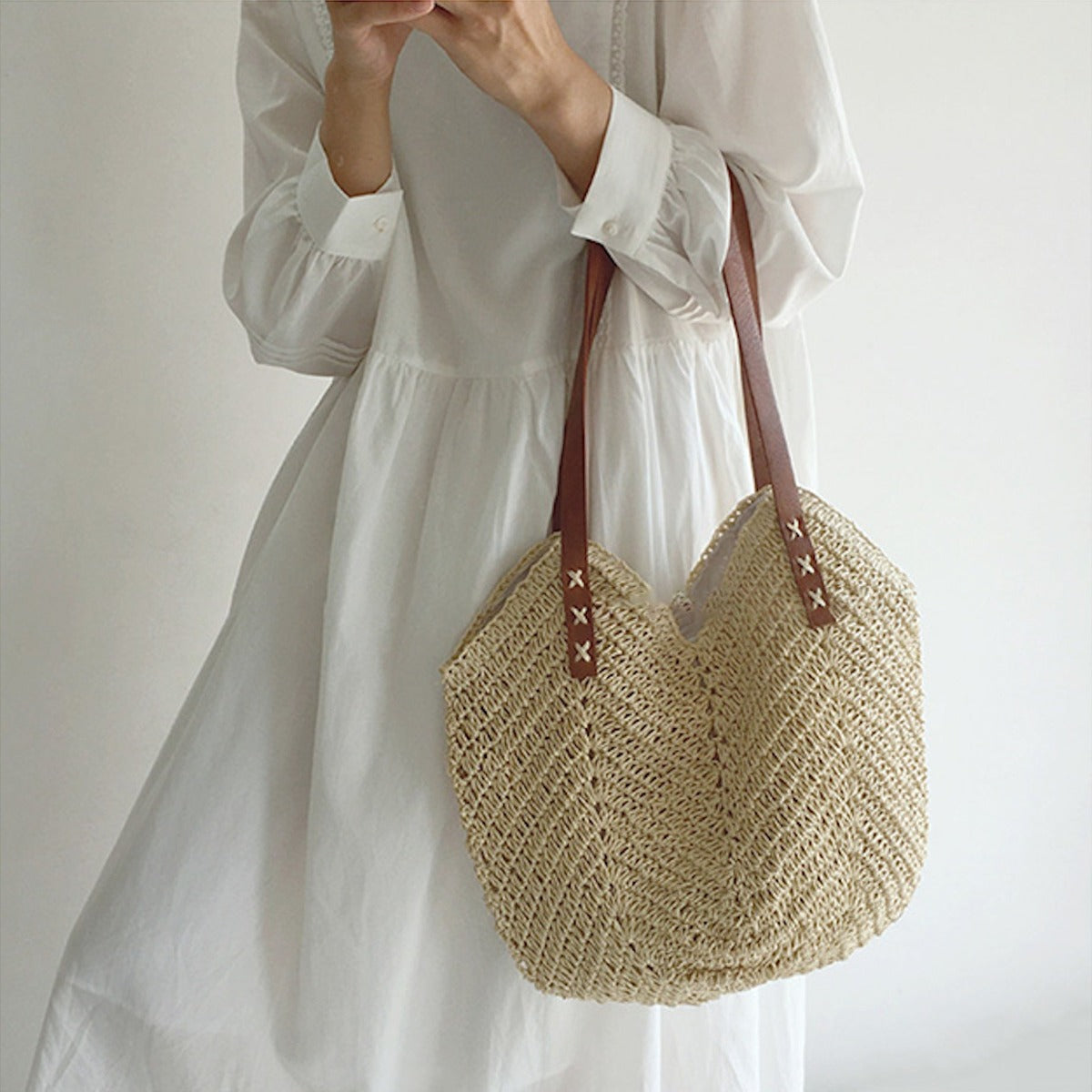 Geweven Strandtas - Ruime Shopper met Leren Hengsels