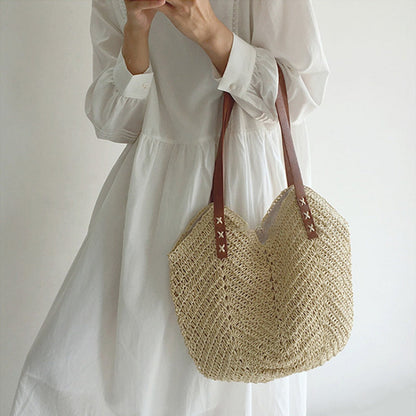 Geweven Strandtas - Ruime Shopper met Leren Hengsels