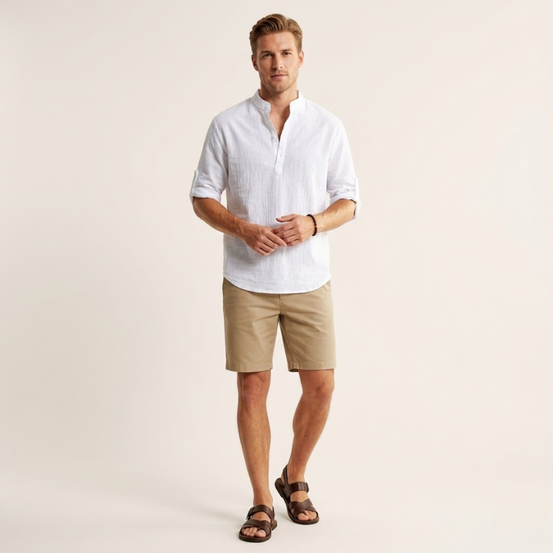 Thijs – Linnen Overhemd Heren Zomer Kraagloos Shirt Heren Casual Luchtig