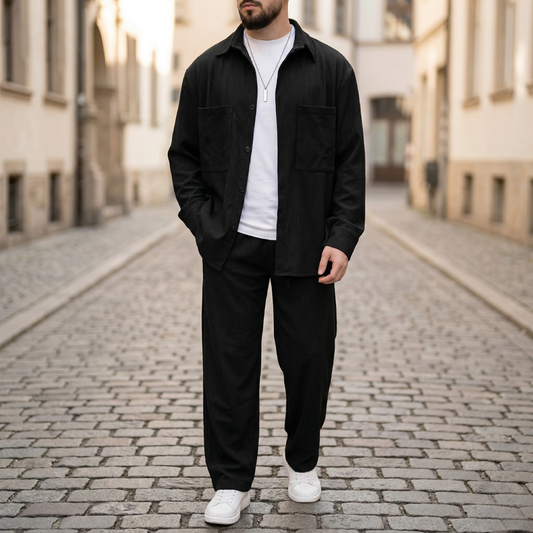 Heren Set Overhemd Lange Mouw Broek Casual 2 Delig