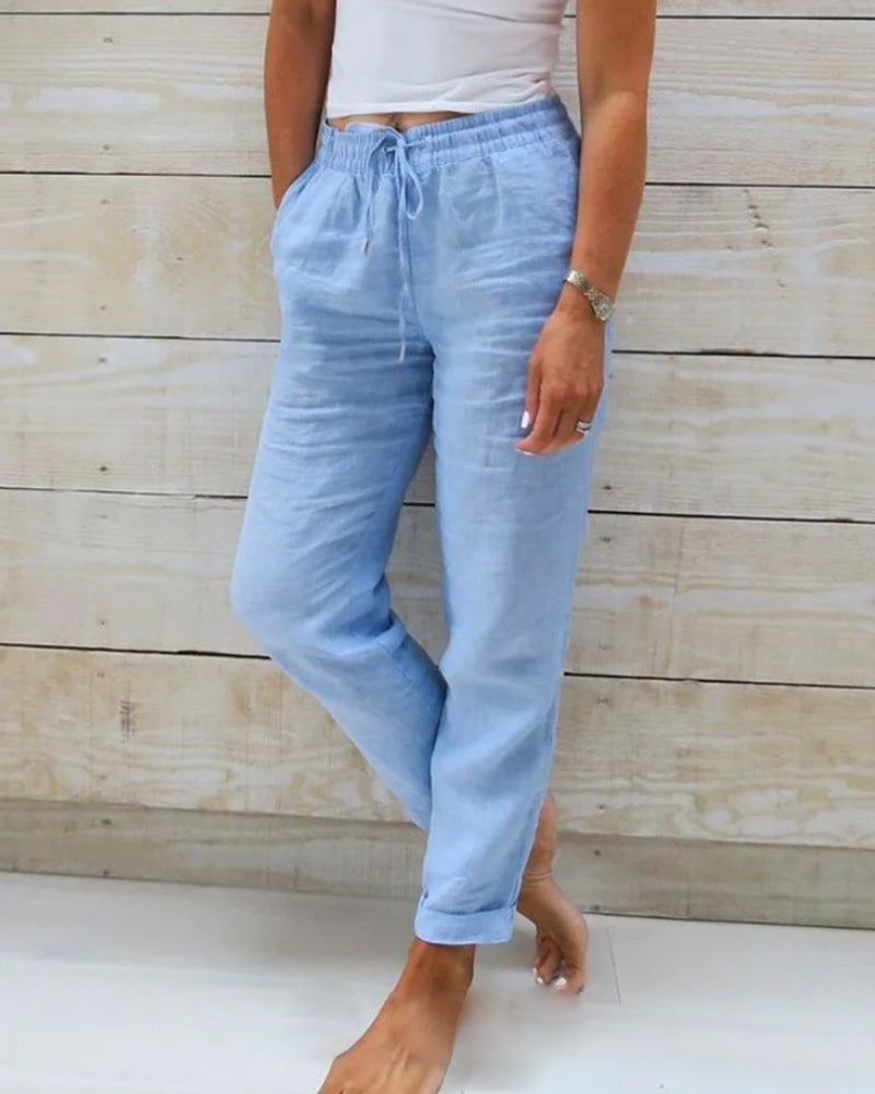 Dames Linnen Broek Hoge Taille Losse Pasvorm Elastisch & Comfortabel