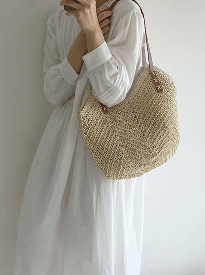 Geweven Strandtas - Ruime Shopper met Leren Hengsels