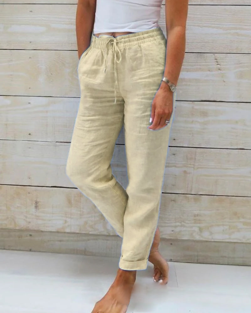 Dames Linnen Broek Hoge Taille Losse Pasvorm Elastisch & Comfortabel