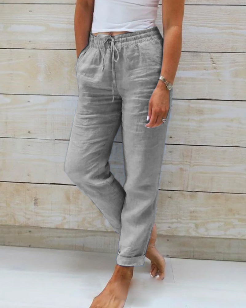 Dames Linnen Broek Hoge Taille Losse Pasvorm Elastisch & Comfortabel