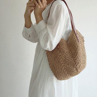 Geweven Strandtas - Ruime Shopper met Leren Hengsels