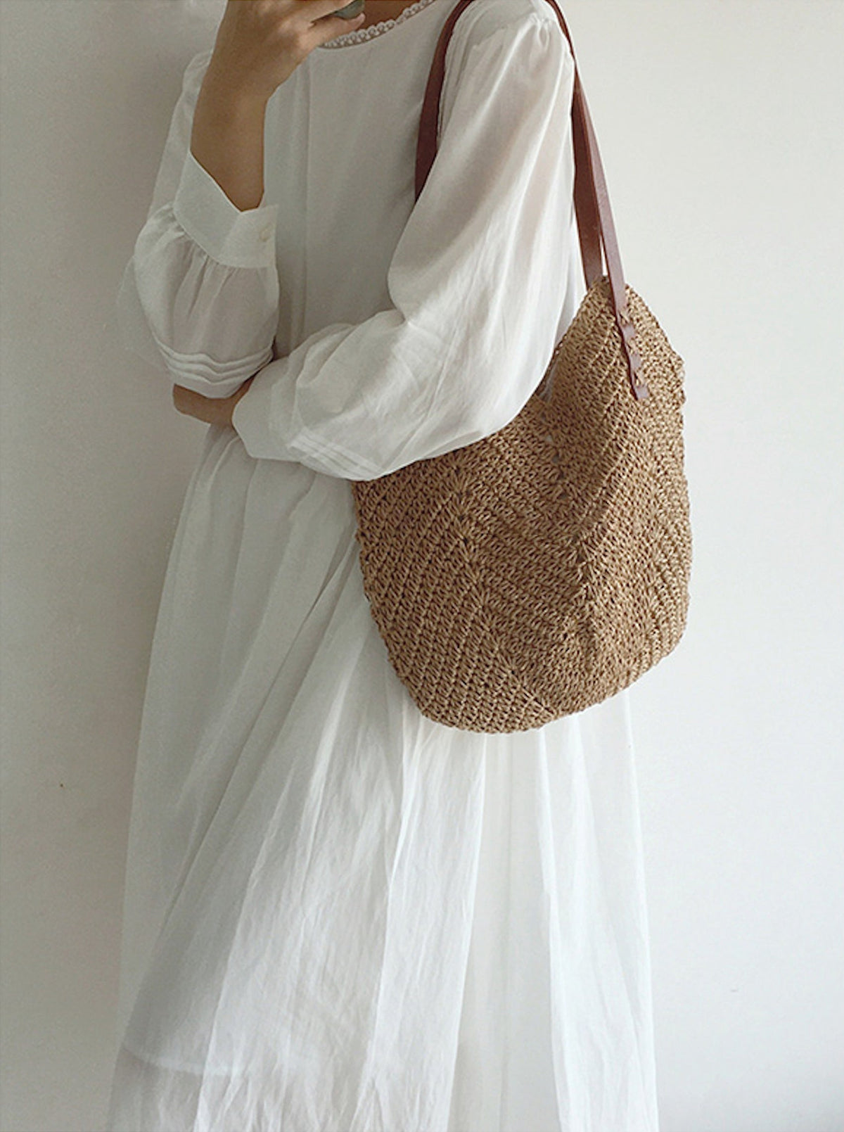 Geweven Strandtas - Ruime Shopper met Leren Hengsels