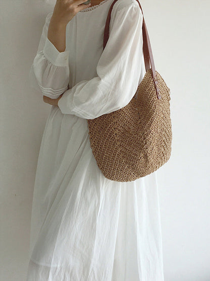 Geweven Strandtas - Ruime Shopper met Leren Hengsels