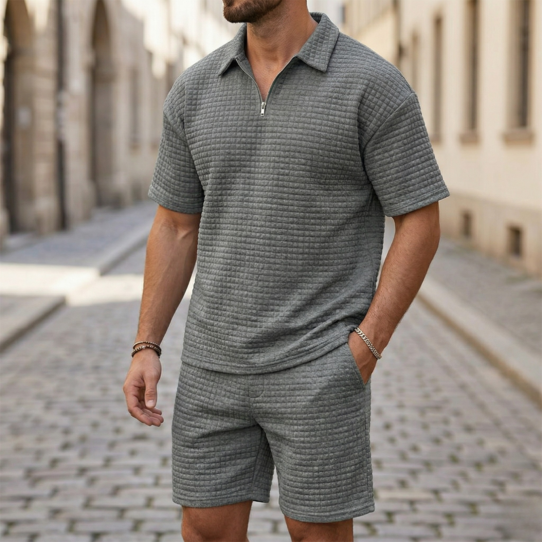 Heren Zomer Set Shirt met Rits Korte Broek Casual Set