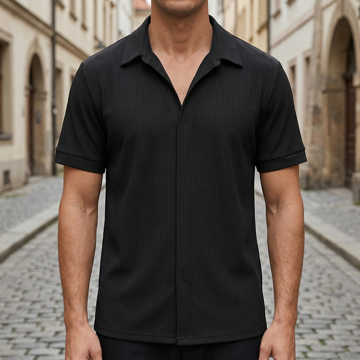 Heren Shirt Korte Mouw Ribstructuur Casual Overhemd Open Kraag