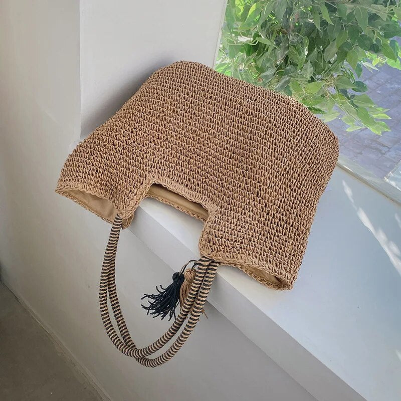 Geweven Strandtas - Ruime Shopper met Dubbele Hengsels