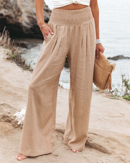 Dames Broek met Hoge Taille - Wijde Pijpen en Smock Taille