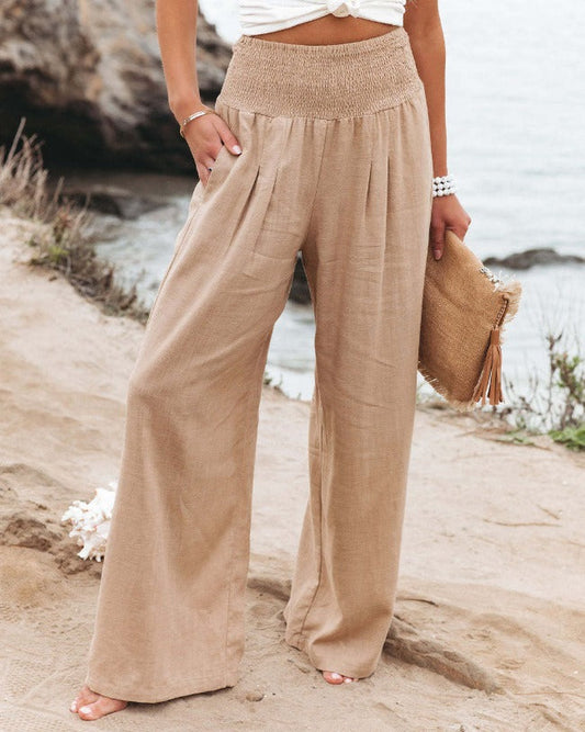 Dames Broek met Hoge Taille - Wijde Pijpen en Smock Taille