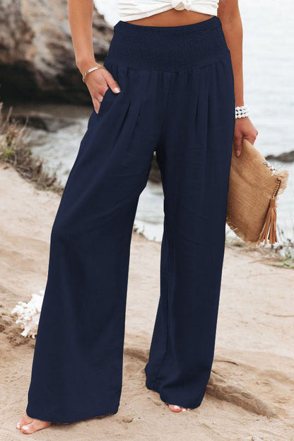 Dames Broek met Hoge Taille - Wijde Pijpen en Smock Taille