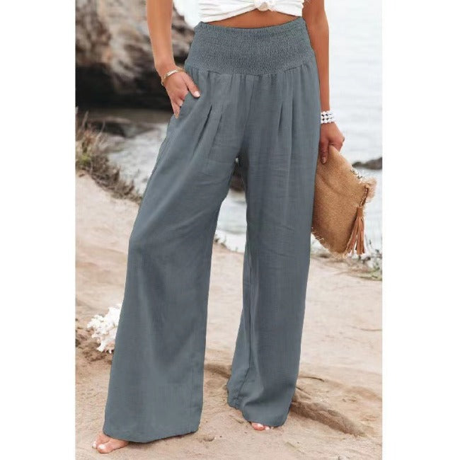 Dames Broek met Hoge Taille - Wijde Pijpen en Smock Taille