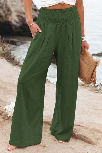 Dames Broek met Hoge Taille - Wijde Pijpen en Smock Taille