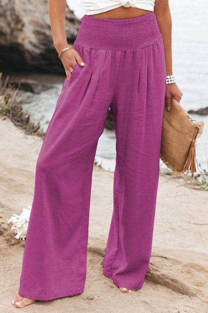 Dames Broek met Hoge Taille - Wijde Pijpen en Smock Taille