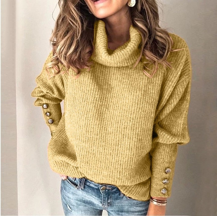 Mirella – Dames Pullover Met Hoge Kraag, Knoopdetails en Lang Model