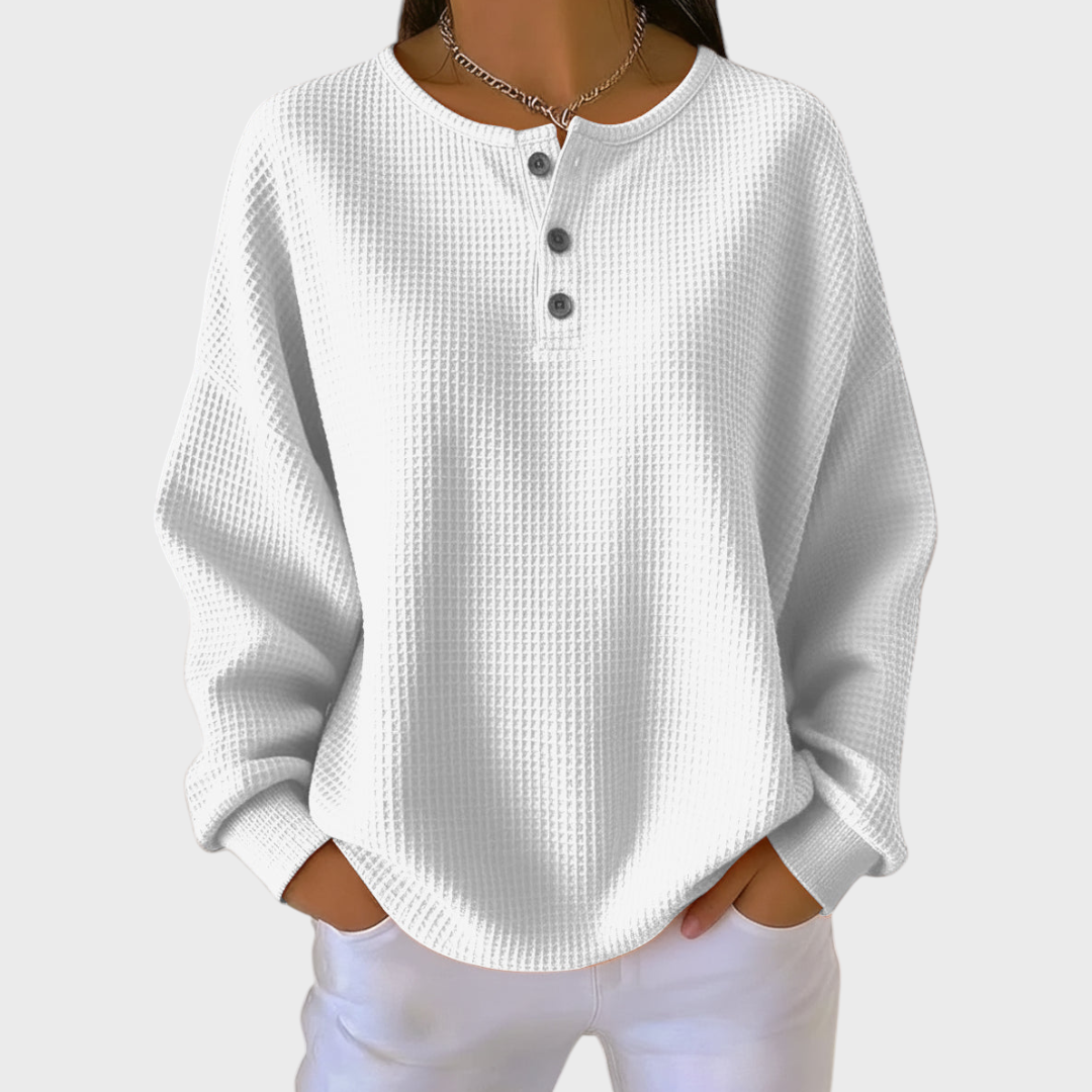 Dames Wafelbrei Trui met Henley Knoopkraag - Zachte Gebreide Trui