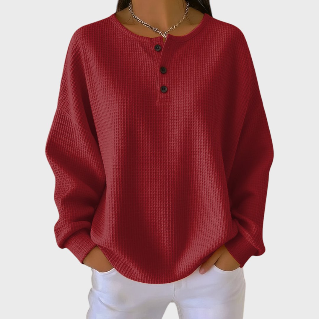 Dames Wafelbrei Trui met Henley Knoopkraag - Zachte Gebreide Trui