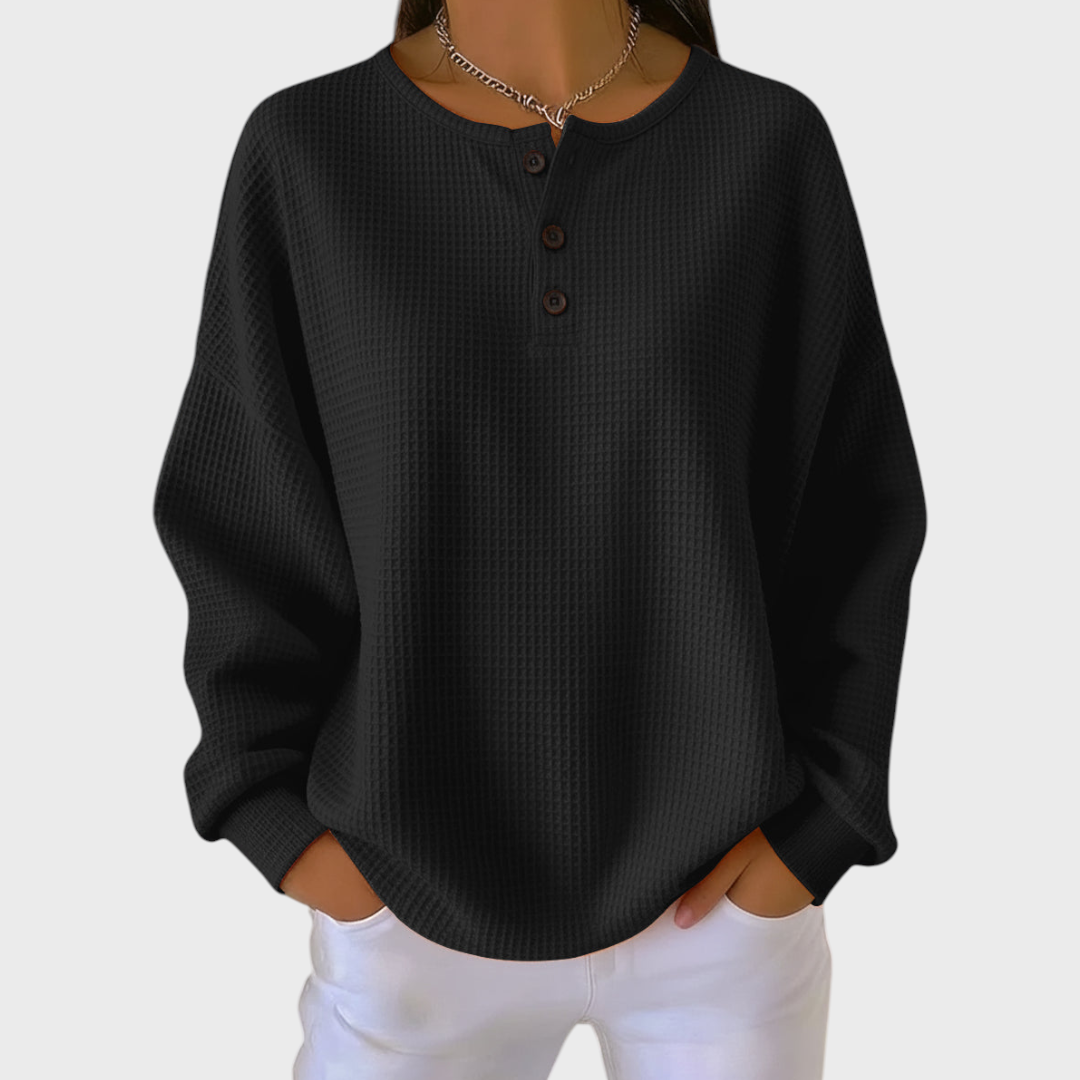 Dames Wafelbrei Trui met Henley Knoopkraag - Zachte Gebreide Trui