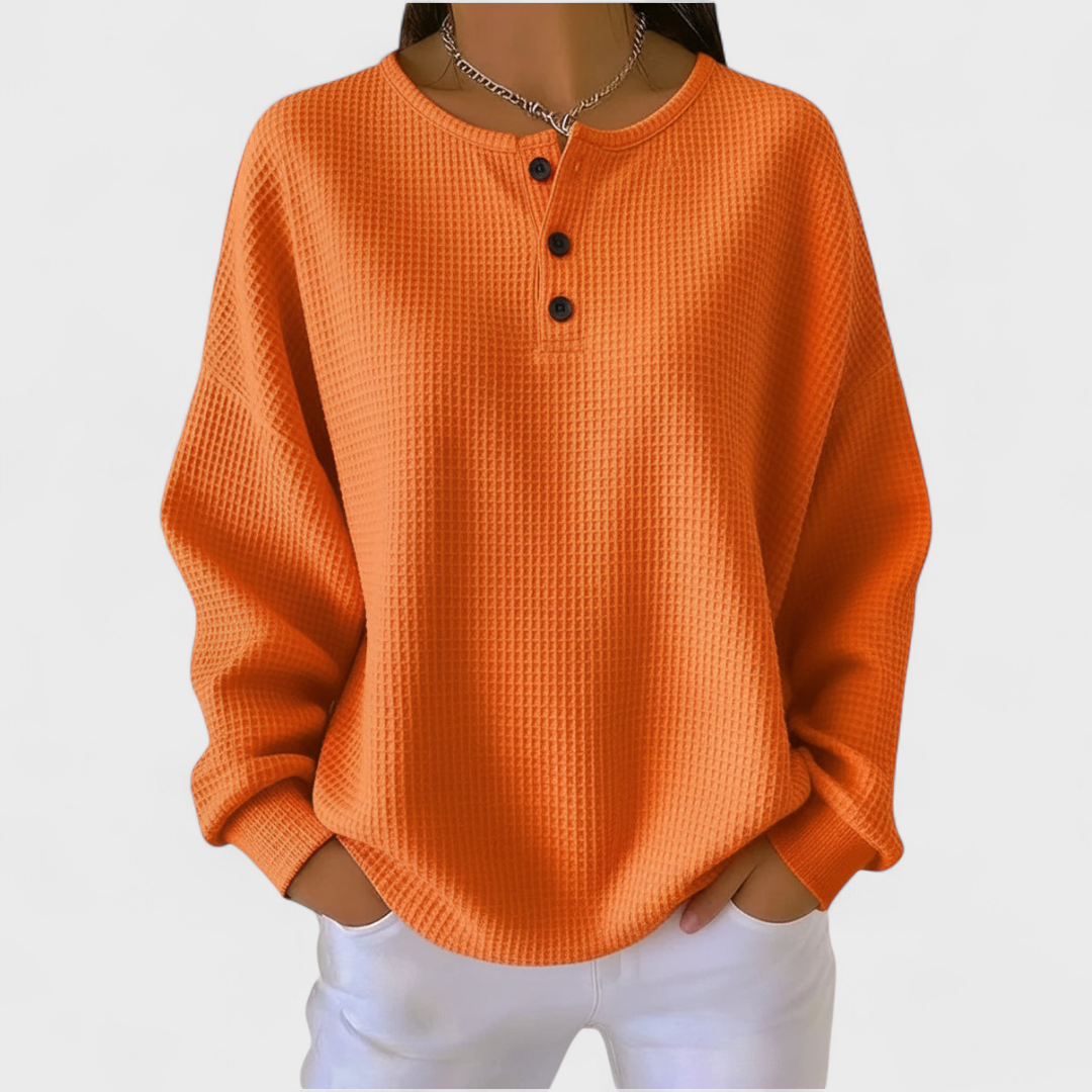 Dames Wafelbrei Trui met Henley Knoopkraag - Zachte Gebreide Trui