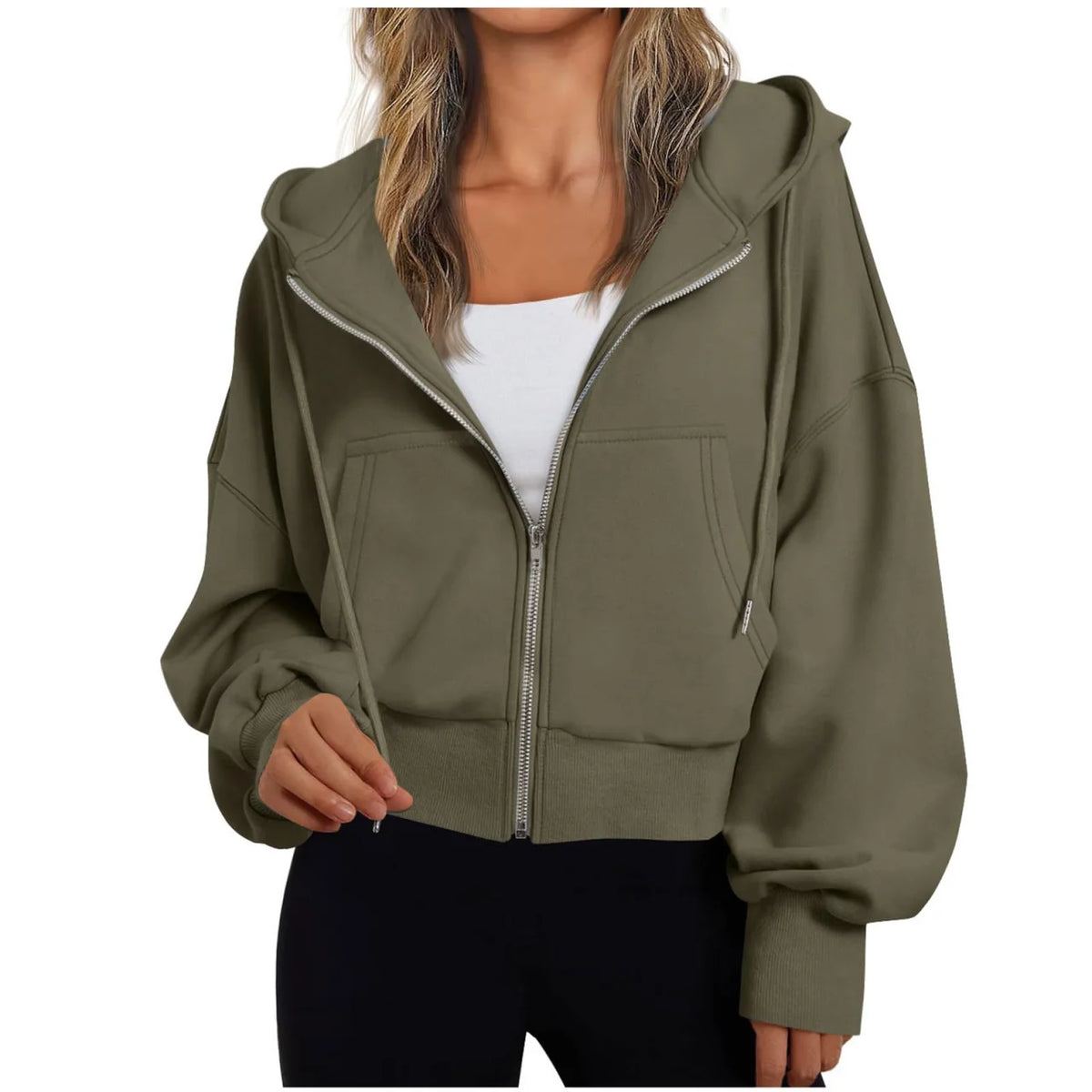 Dames Cropped Hoodie met Rits en Capuchon - Oversized Sweatvest met Steekzakken