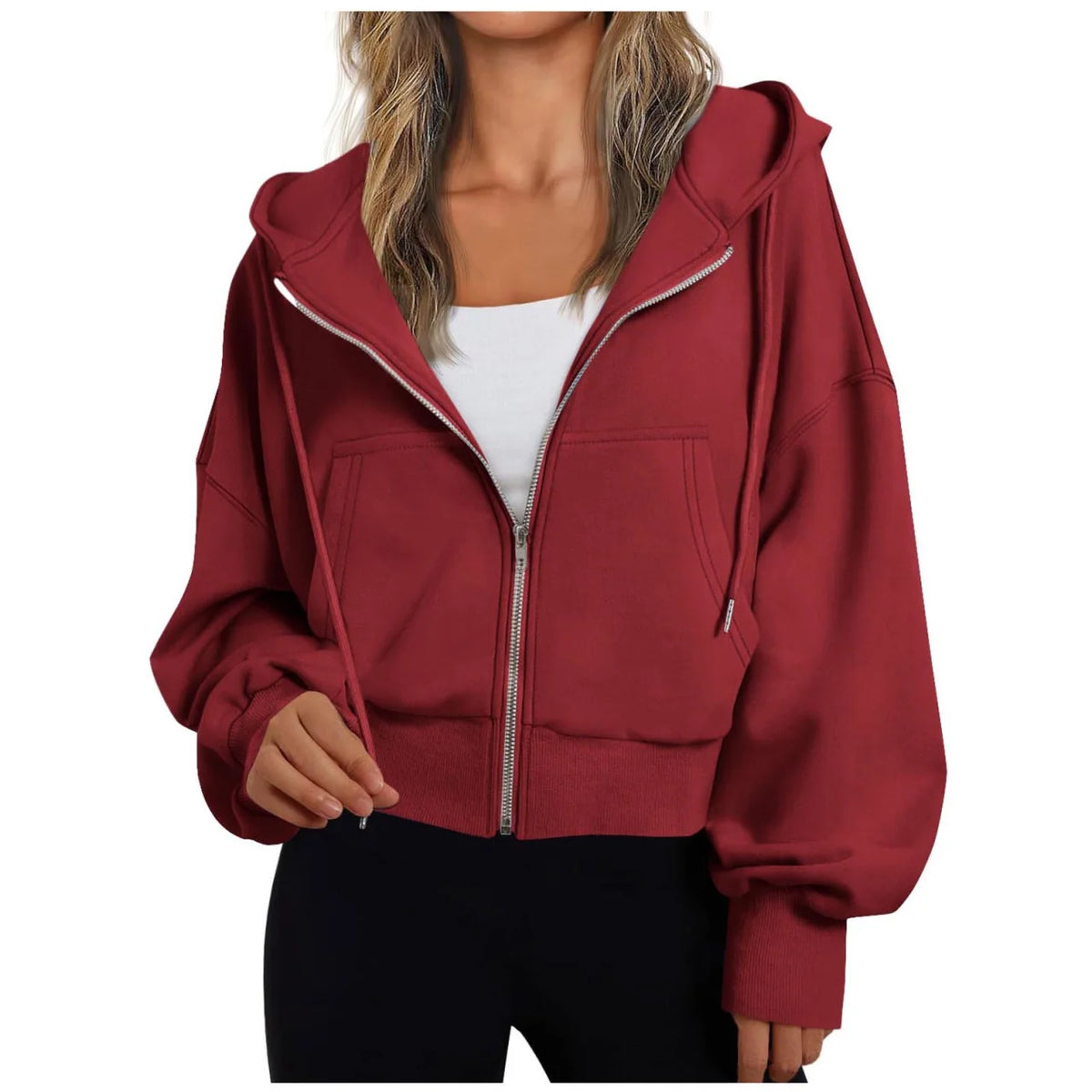 Dames Cropped Hoodie met Rits en Capuchon - Oversized Sweatvest met Steekzakken