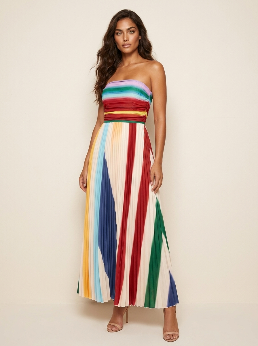 Dames Plissé Maxi Jurk - Kleurrijke Gestreepte Look