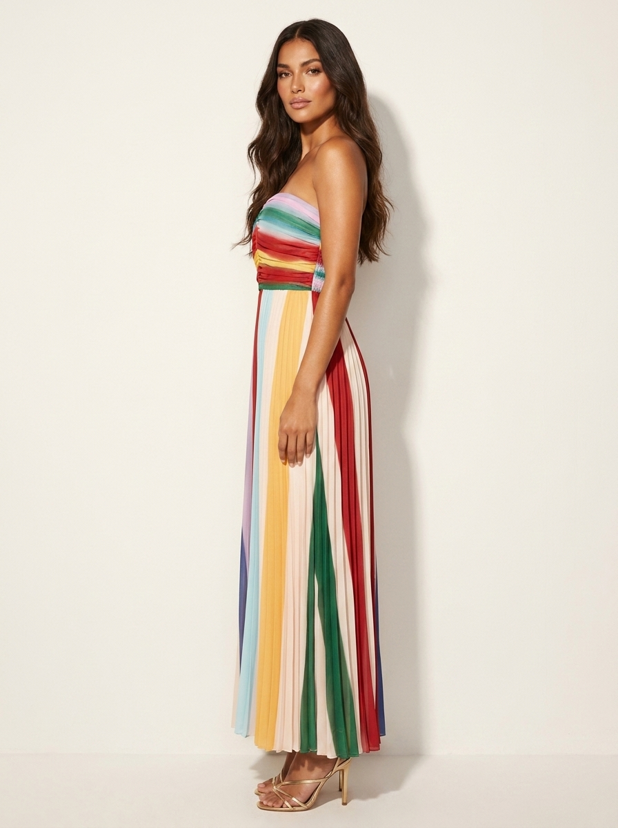 Dames Plissé Maxi Jurk - Kleurrijke Gestreepte Look
