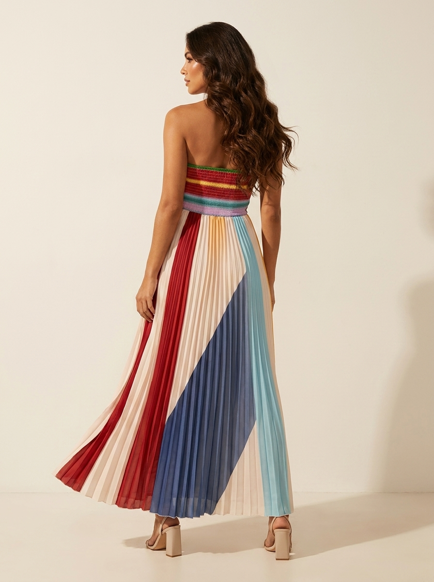 Dames Plissé Maxi Jurk - Kleurrijke Gestreepte Look
