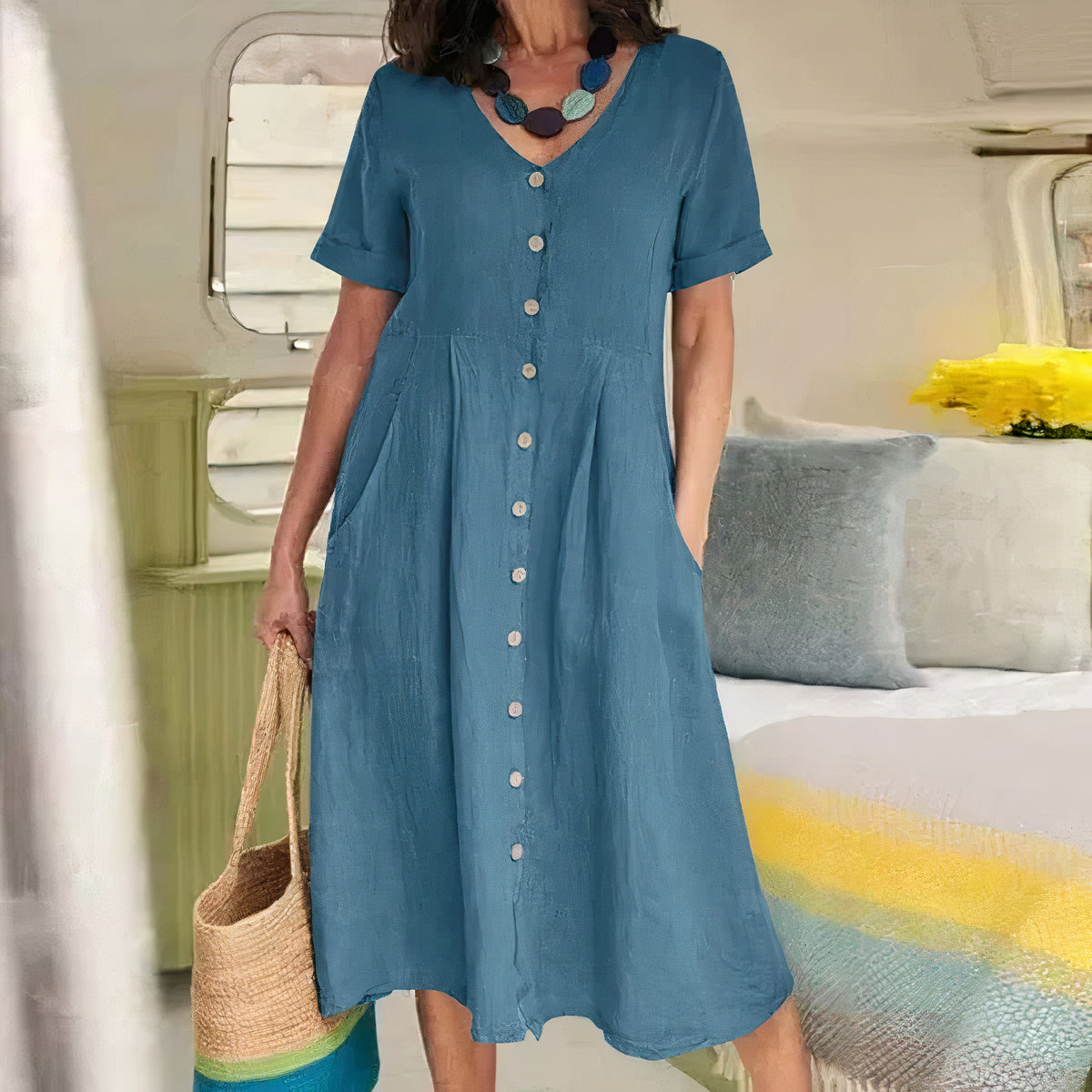 Midi Jurk met Knoopsluiting - Luchtige Zomerse Look