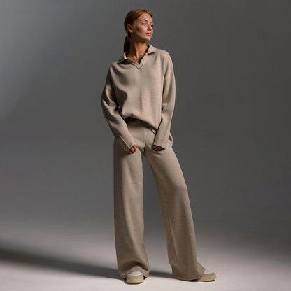Loungewear Set Dames – Gebreid, Oversized Trui Met Kraag & Wijde Broek
