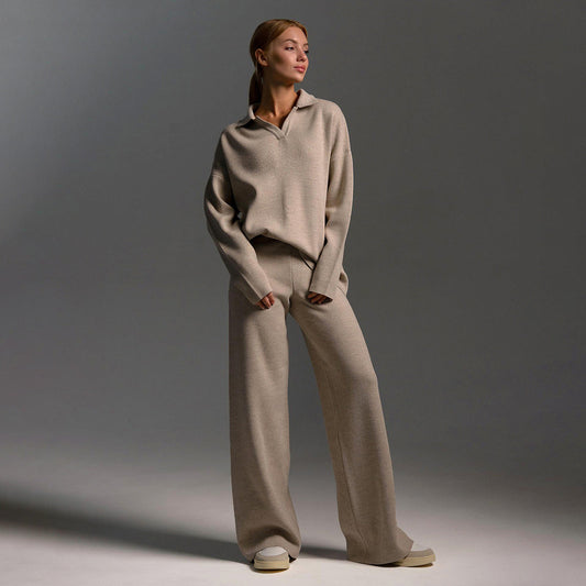 Loungewear Set Dames – Gebreid, Oversized Trui Met Kraag & Wijde Broek