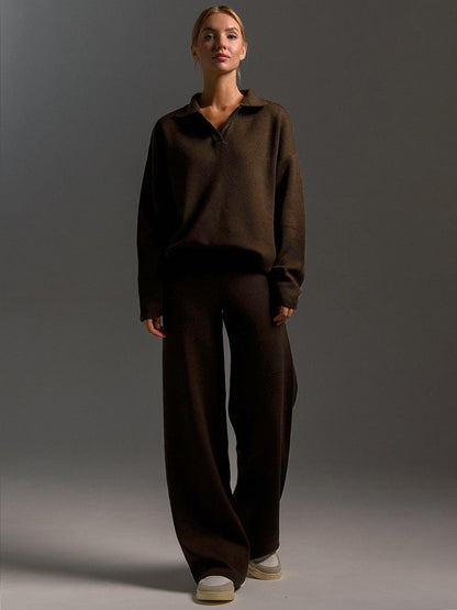 Loungewear Set Dames – Gebreid, Oversized Trui Met Kraag & Wijde Broek