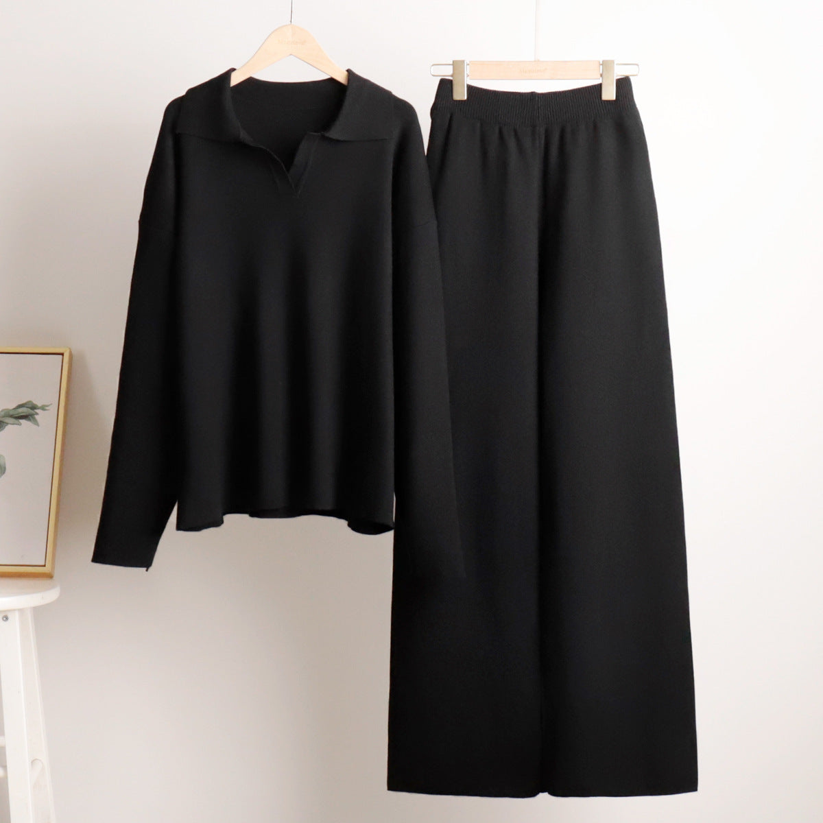 Loungewear Set Dames – Gebreid, Oversized Trui Met Kraag & Wijde Broek