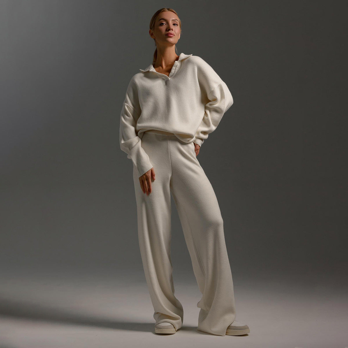 Loungewear Set Dames – Gebreid, Oversized Trui Met Kraag & Wijde Broek