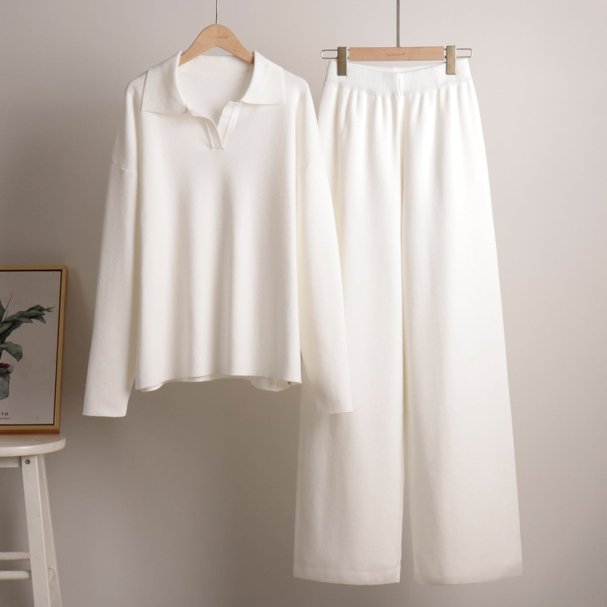 Loungewear Set Dames – Gebreid, Oversized Trui Met Kraag & Wijde Broek