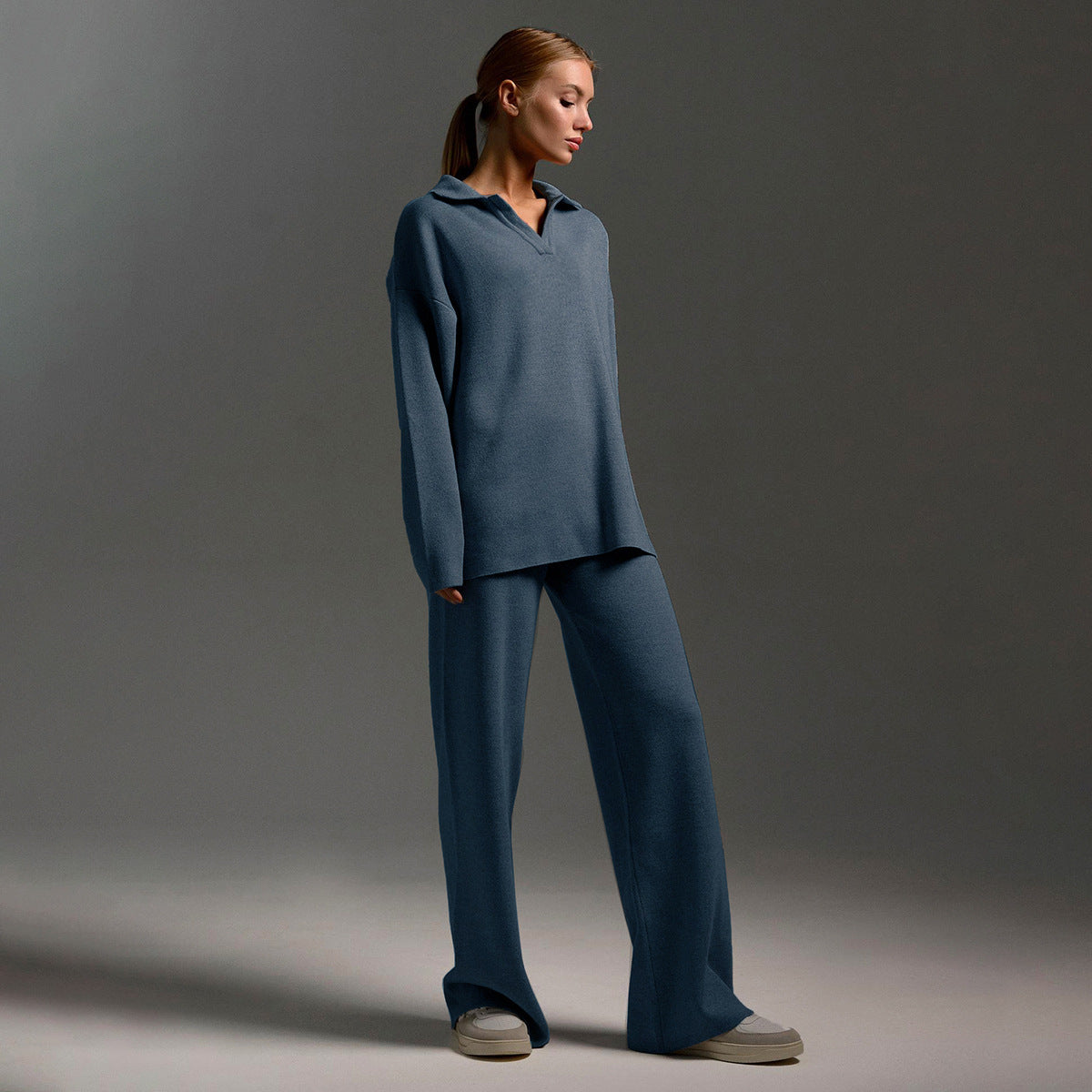 Loungewear Set Dames – Gebreid, Oversized Trui Met Kraag & Wijde Broek