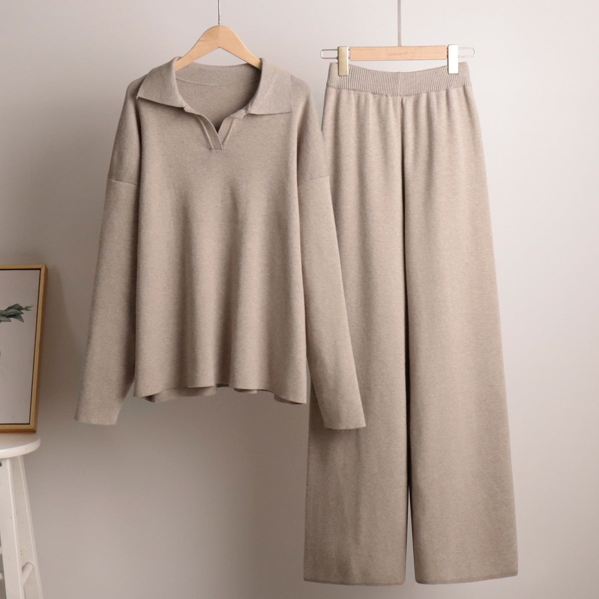 Loungewear Set Dames – Gebreid, Oversized Trui Met Kraag & Wijde Broek