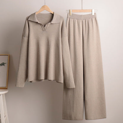 Loungewear Set Dames – Gebreid, Oversized Trui Met Kraag & Wijde Broek