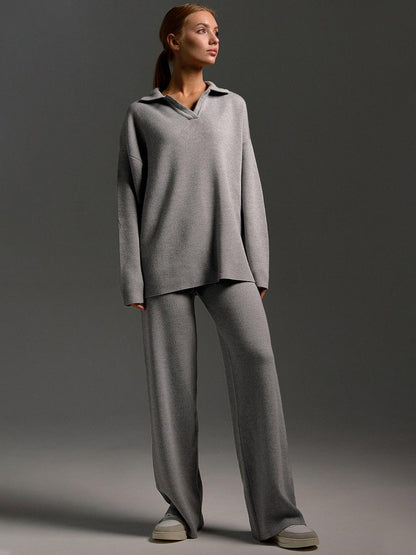 Loungewear Set Dames – Gebreid, Oversized Trui Met Kraag & Wijde Broek