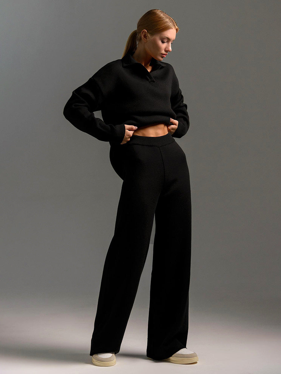 Loungewear Set Dames – Gebreid, Oversized Trui Met Kraag & Wijde Broek